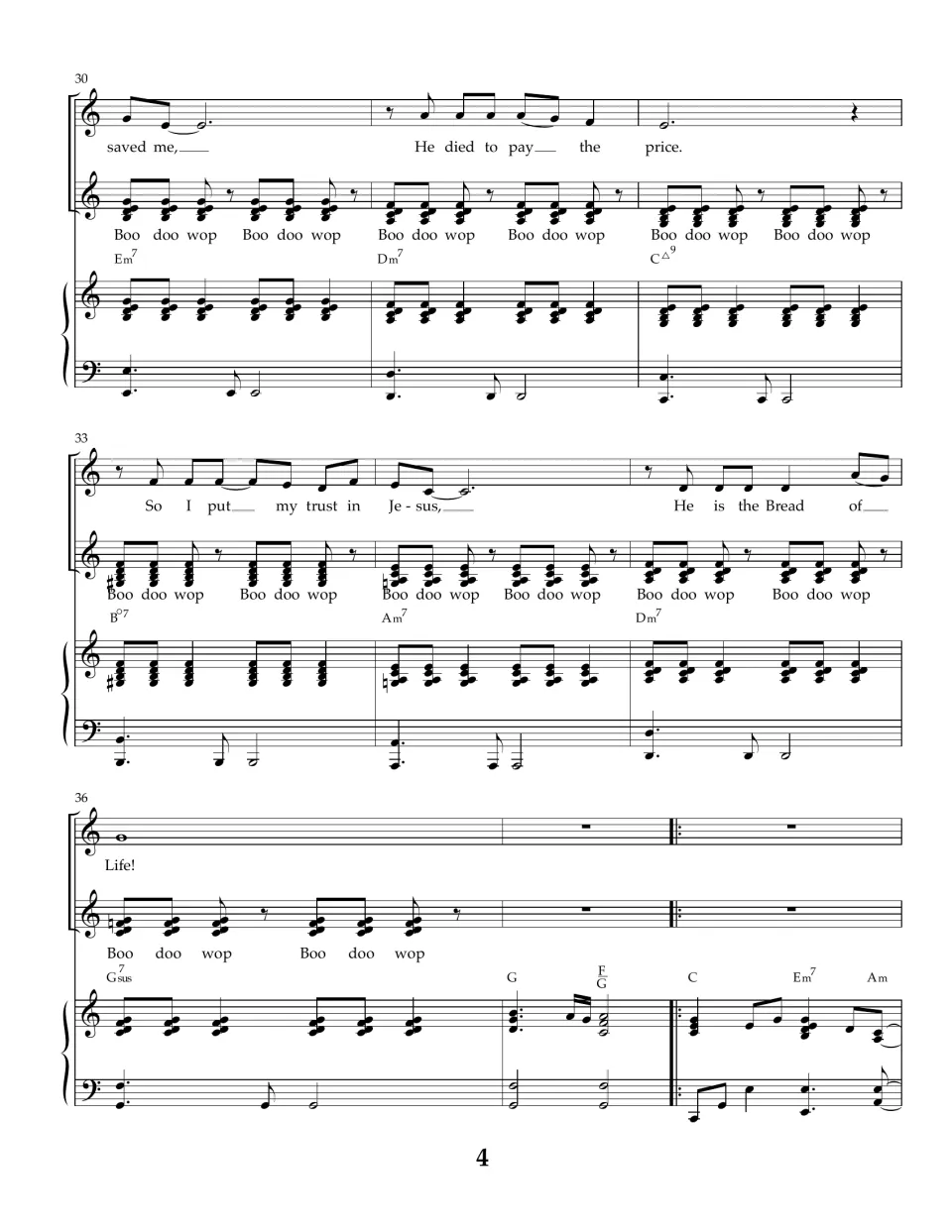 Measures 30-38: lead sings 'He died to pay the price' and 'So I put my trust in Jesus' over boo doo wop harmony