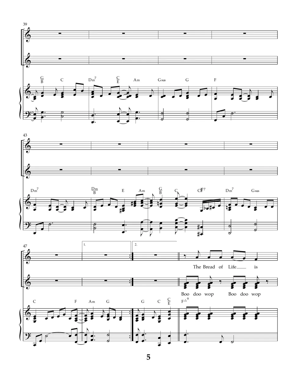 Measures 39-50: piano interlude with chord symbols while voices rest, then the 'Bread of Life is' verse returns