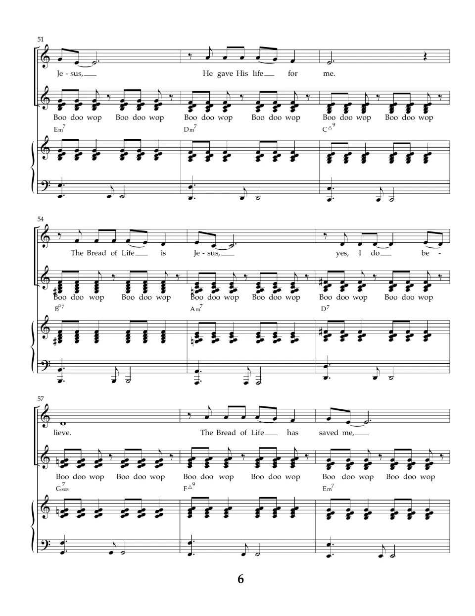 Measures 51-59: second pass of 'He gave His life for me' and 'yes, I do believe' with boo doo wop harmony part and piano