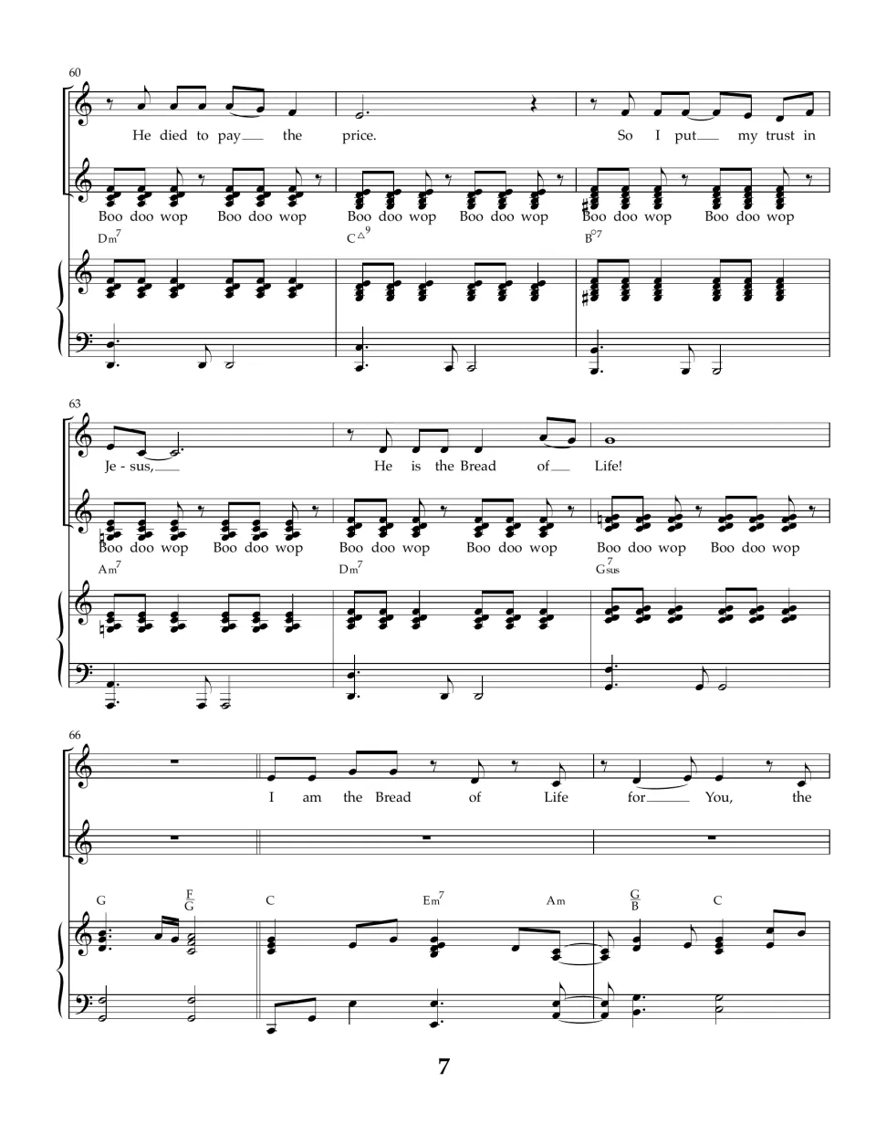 Measures 60-68: 'He is the Bread of Life!' closes the doo-wop section, then the melody returns to the opening chorus words