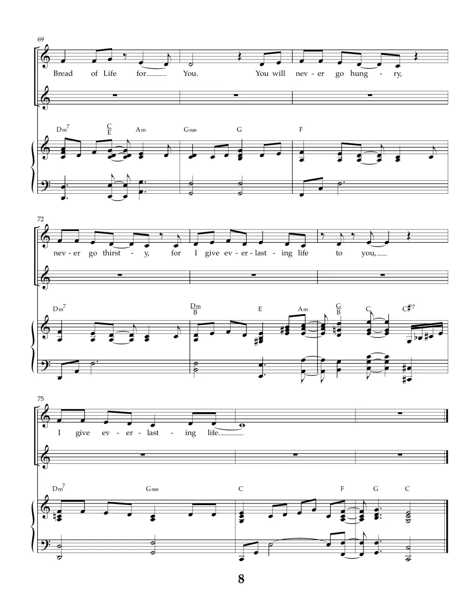 Measures 69-77: last chorus 'never go hungry, never go thirsty' and 'I give everlasting life', piano ending in C
