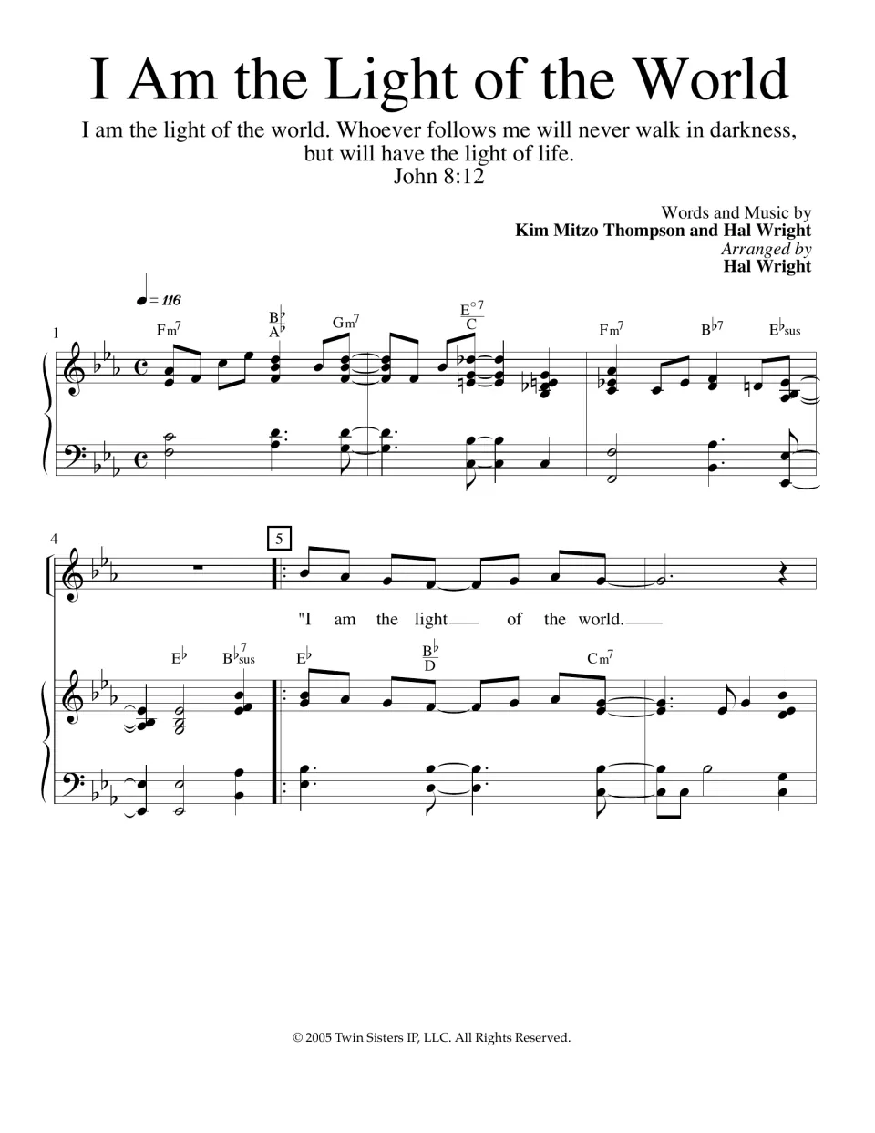 Opening of the song I Am the Light of the World: John 8:12 verse, song credits and piano-vocal score, measures 1 to 6