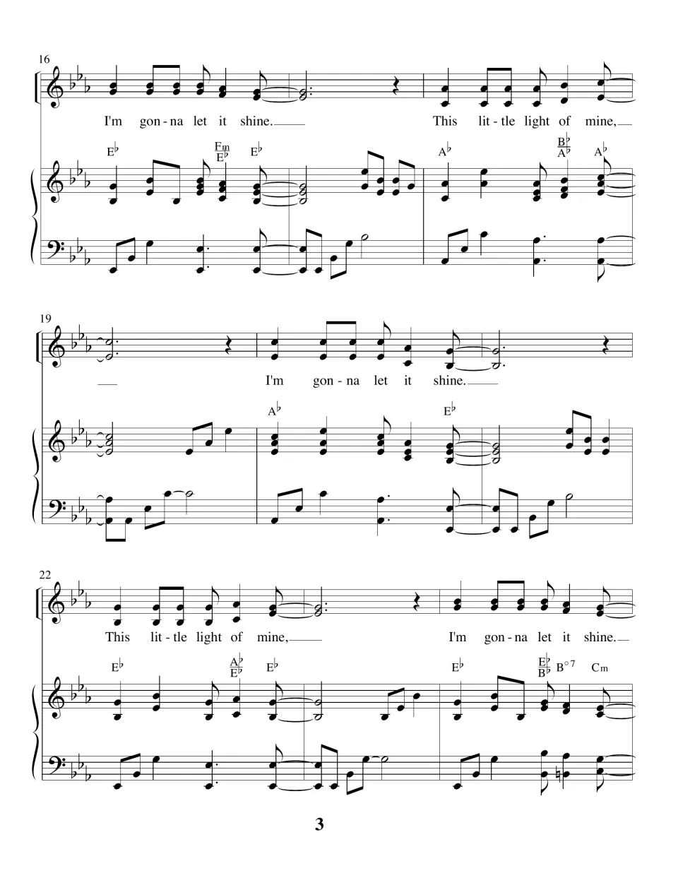 Piano-vocal score, measures 16 to 24: This little light of mine and I'm gonna let it shine repeated over chord symbols
