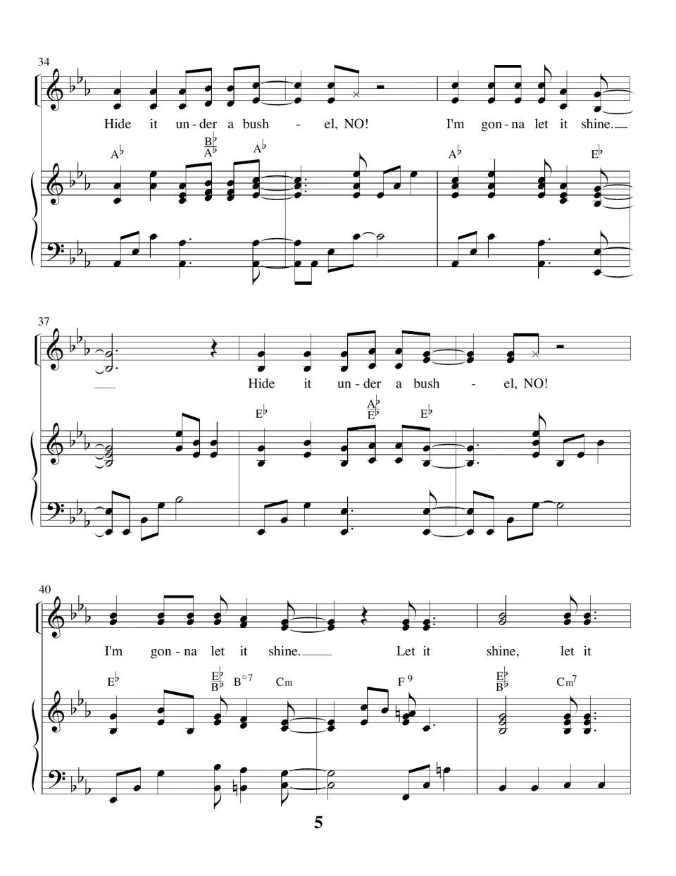 Measures 34 to 42: Hide it under a bushel, NO! sung twice, then I'm gonna let it shine leads back into Let it shine