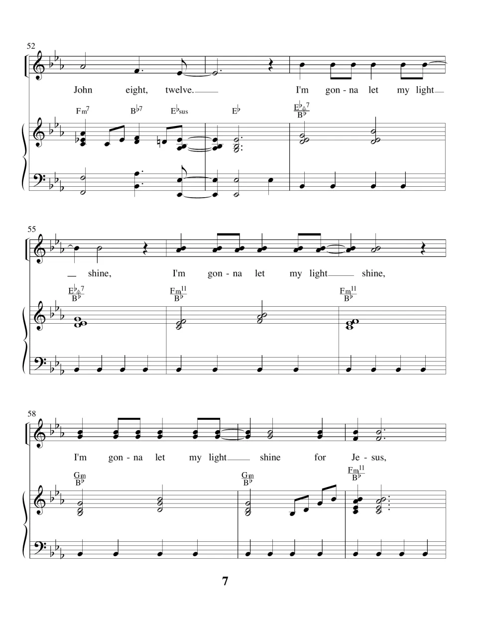 Measures 52 to 60: John eight, twelve closes the verse, then I'm gonna let my light shine for Jesus over B-flat bass notes