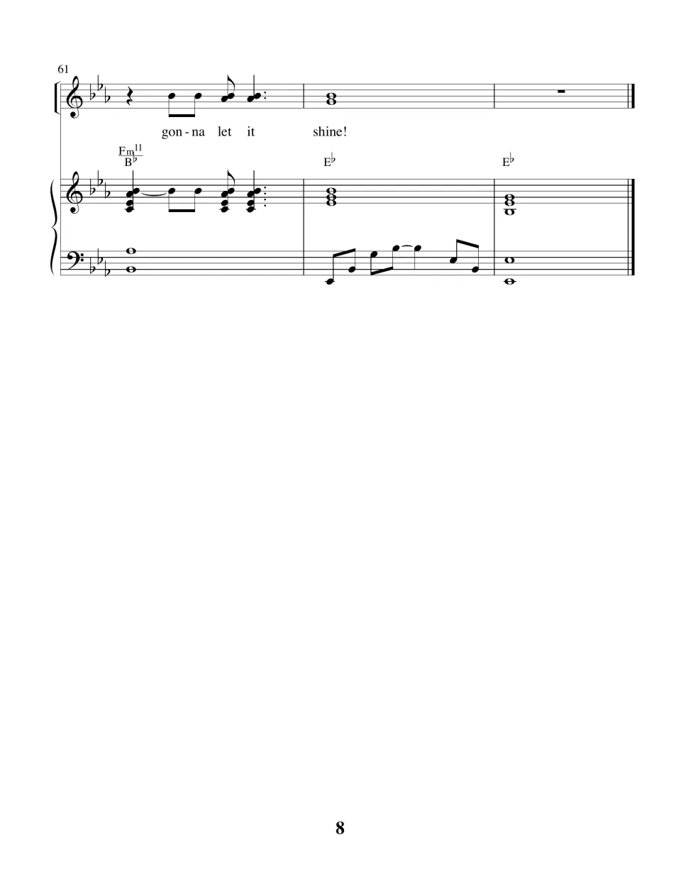Final page, measures 61 to 63: last lyric gonna let it shine! over E-flat chords that end the piano-vocal arrangement