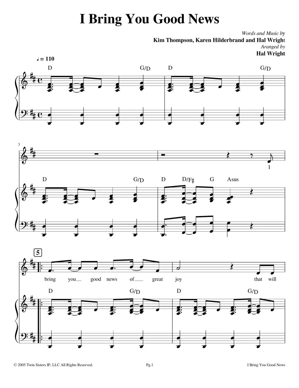 I Bring You Good News score, page 1: piano intro in D at tempo 110, then the vocal melody enters at measure 5 with chords