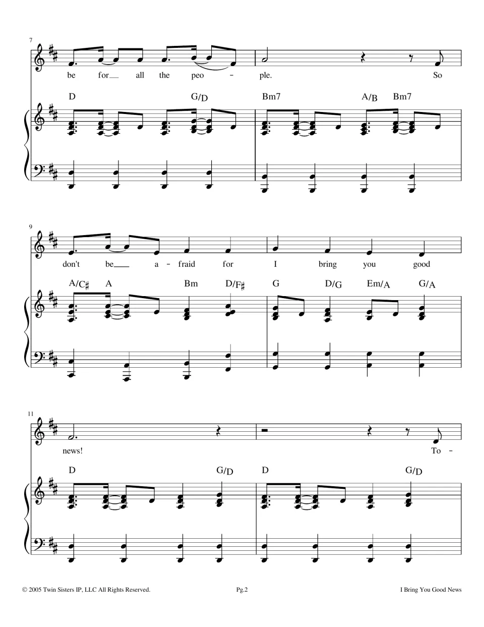 Vocal and piano score, measures 7-12: lyrics 'be for all the people. So don't be afraid' with chords Bm7, A/C# and G/A