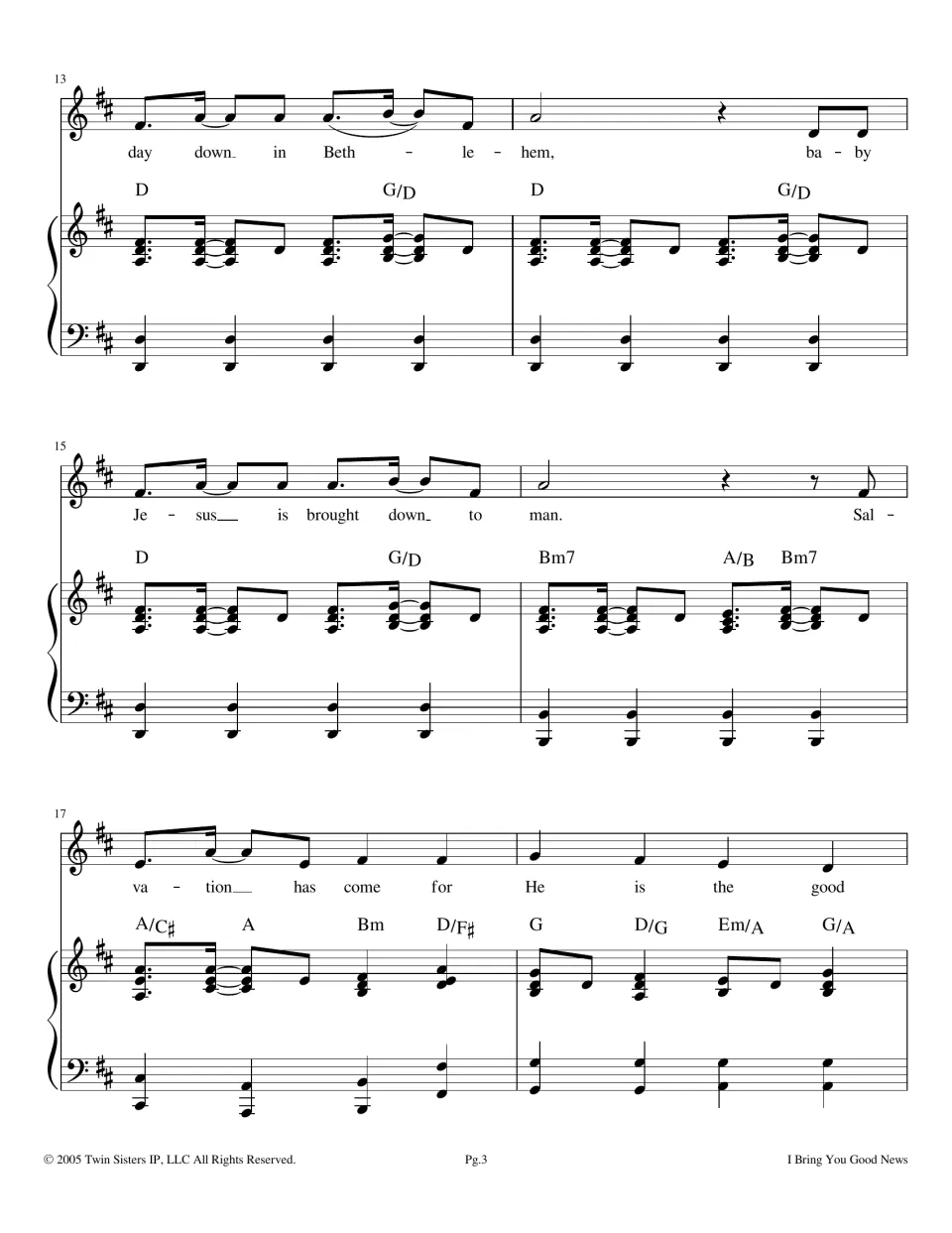 Measures 13-18: 'day down in Bethlehem, baby Jesus is brought down to man. Salvation has come' with piano chords