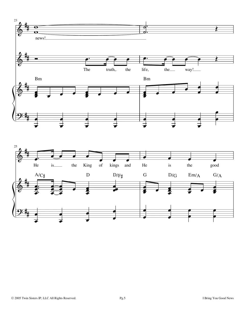 Measures 23-26: solo line 'The truth, the life, the way!' over Bm, then 'He is the King of kings' with A/C# to G/A chords