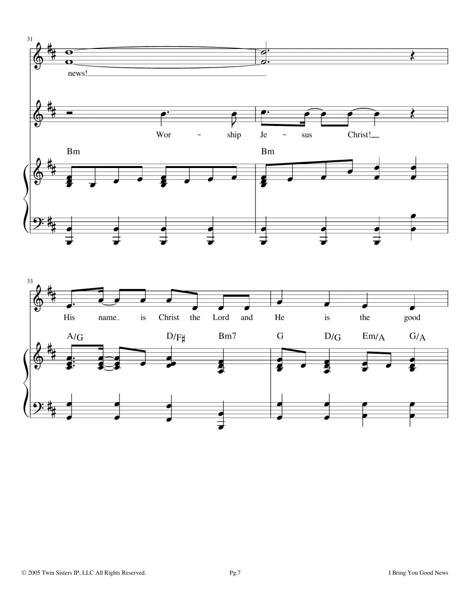 Measures 31-34: second vocal line 'Worship Jesus Christ!' over Bm, then 'His name is Christ the Lord' over A/G and Bm7