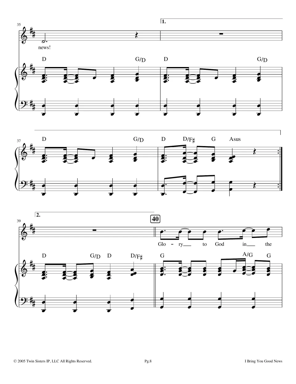 Measures 35-40: piano interlude with first and second endings and repeat sign, then the bridge opens 'Glory to God in the'