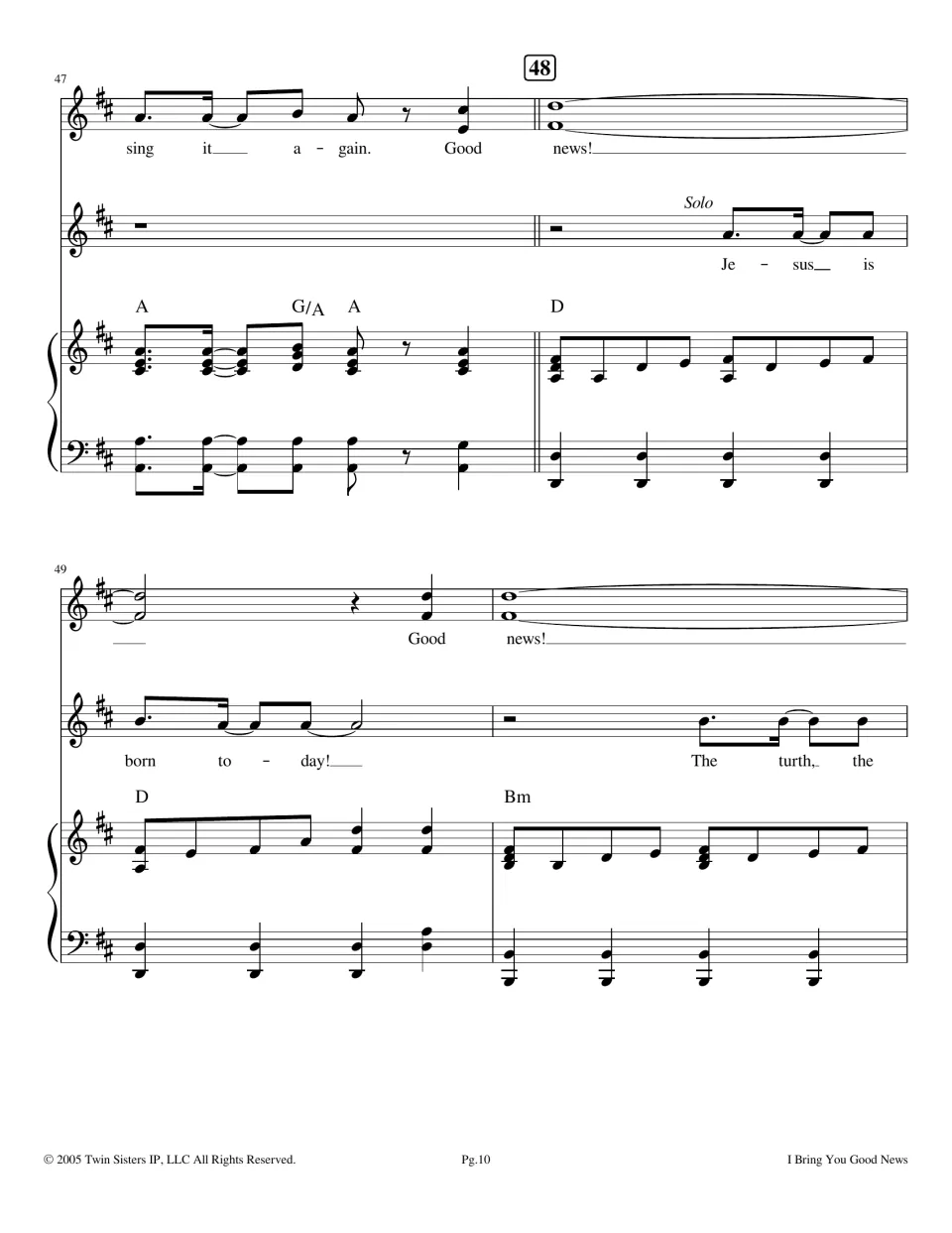 Measures 47-50: 'sing it again' leads to sustained 'Good news!' as the solo repeats 'Jesus is born today!' over D and Bm