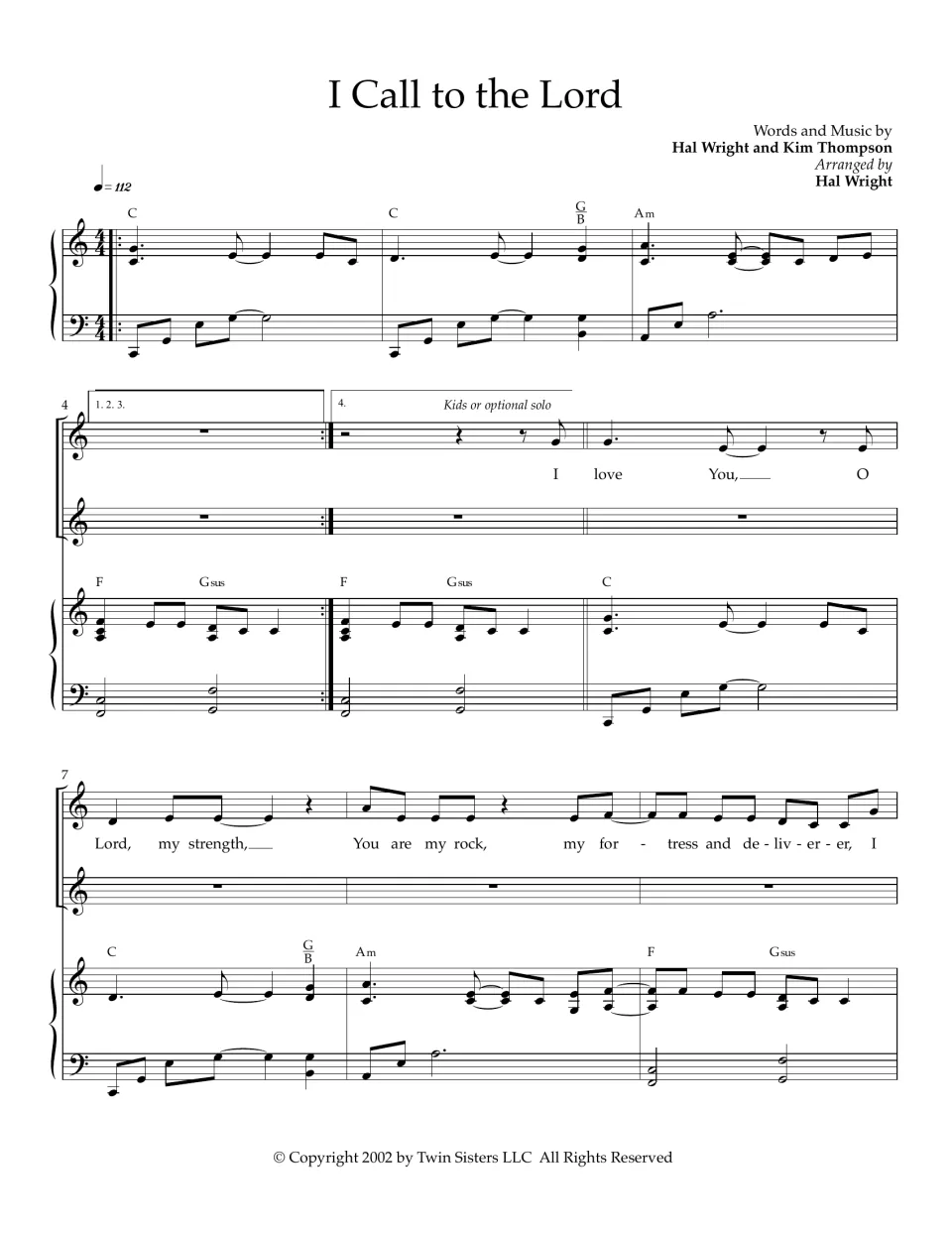 I Call to the Lord, score page 1: piano intro in C, then kids or a soloist sing "I love You, O Lord, my strength"