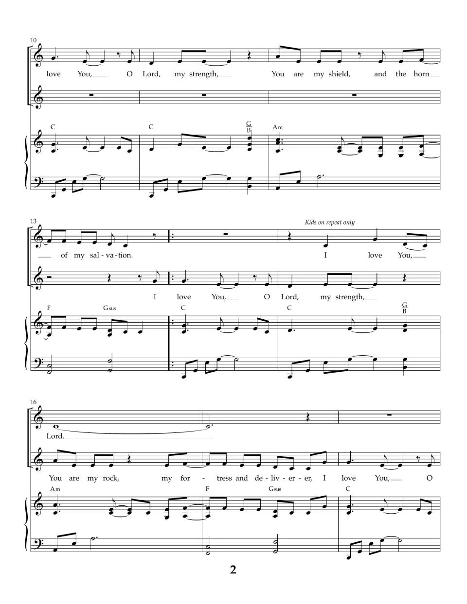 Score page 2, bars 10-18: verse continues "You are my shield, and the horn of my salvation" as a second voice enters