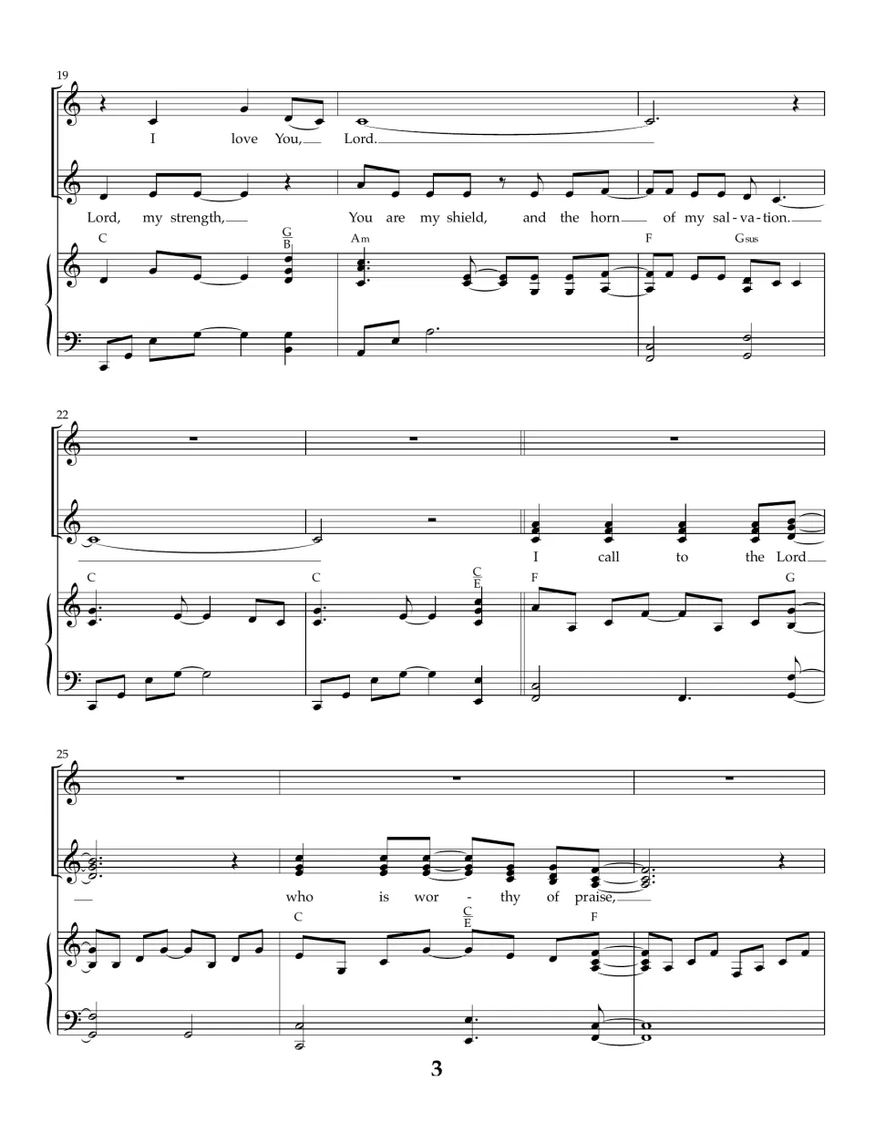 Score page 3, bars 19-27: verse ends on "Lord" and the chorus begins in chords, "who is worthy of praise"