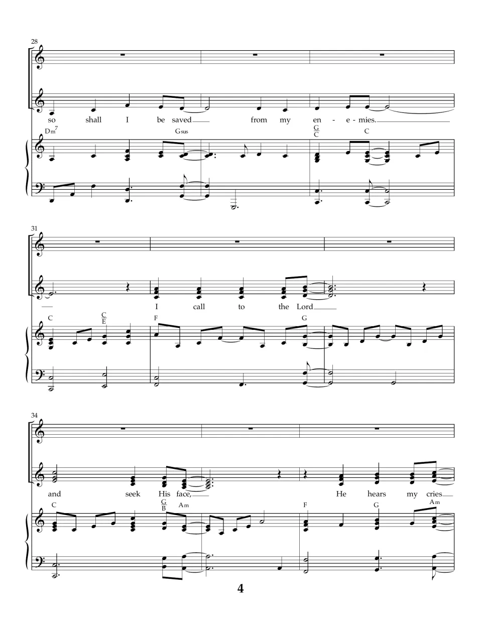 Score page 4, bars 28-36: chorus lyrics "so shall I be saved from my enemies", "and seek His face, He hears my cries"