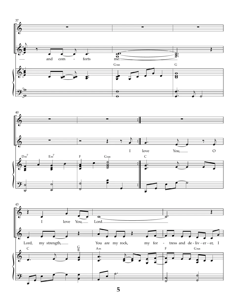 Score page 5, bars 37-45: chorus closes on "and comforts me", a Dm7-Em7 piano bridge, then the verse repeats