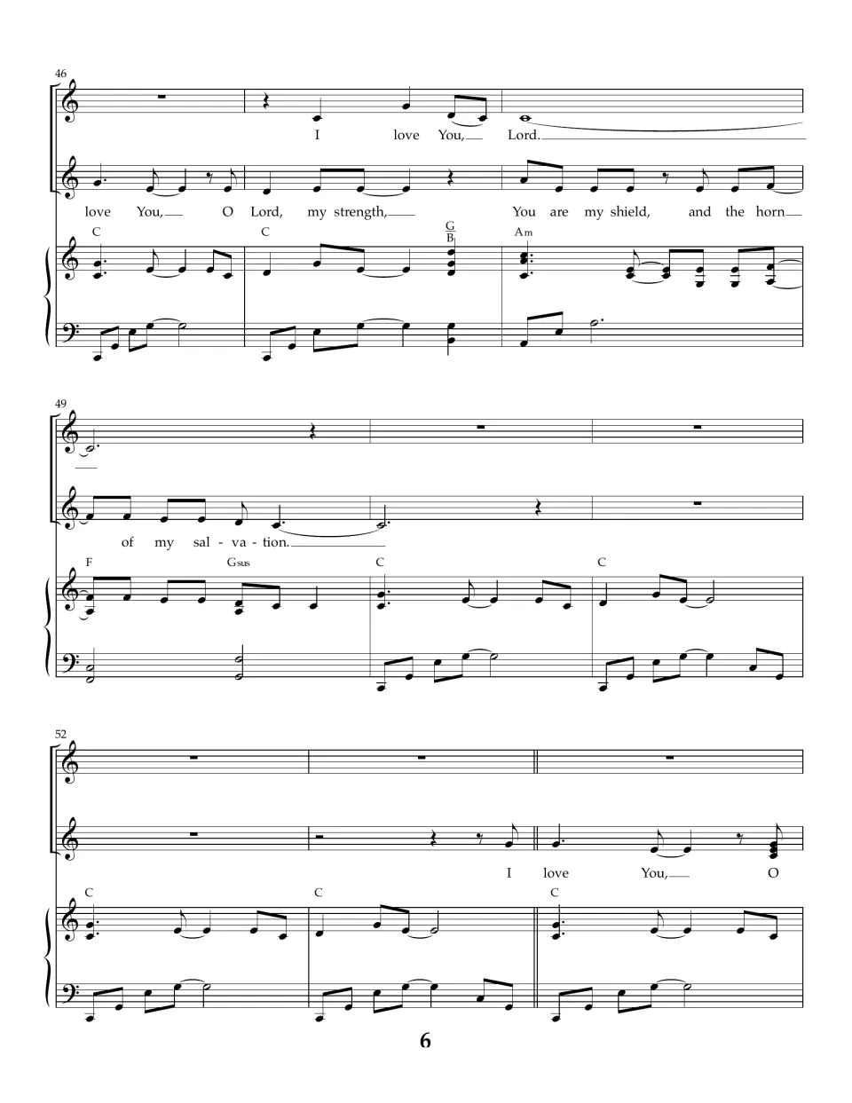 Score page 6, bars 46-54: both vocal lines sing "I love You, Lord" and "horn of my salvation" in overlapping parts