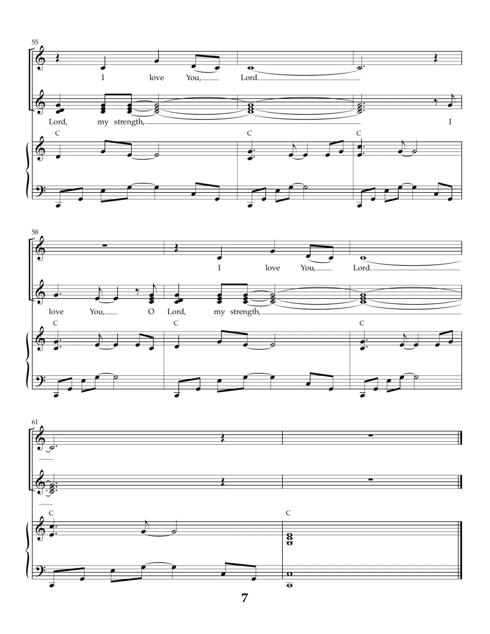 Score page 7, bars 55-62: ending with repeated "I love You, Lord" and "my strength" held over a final C chord