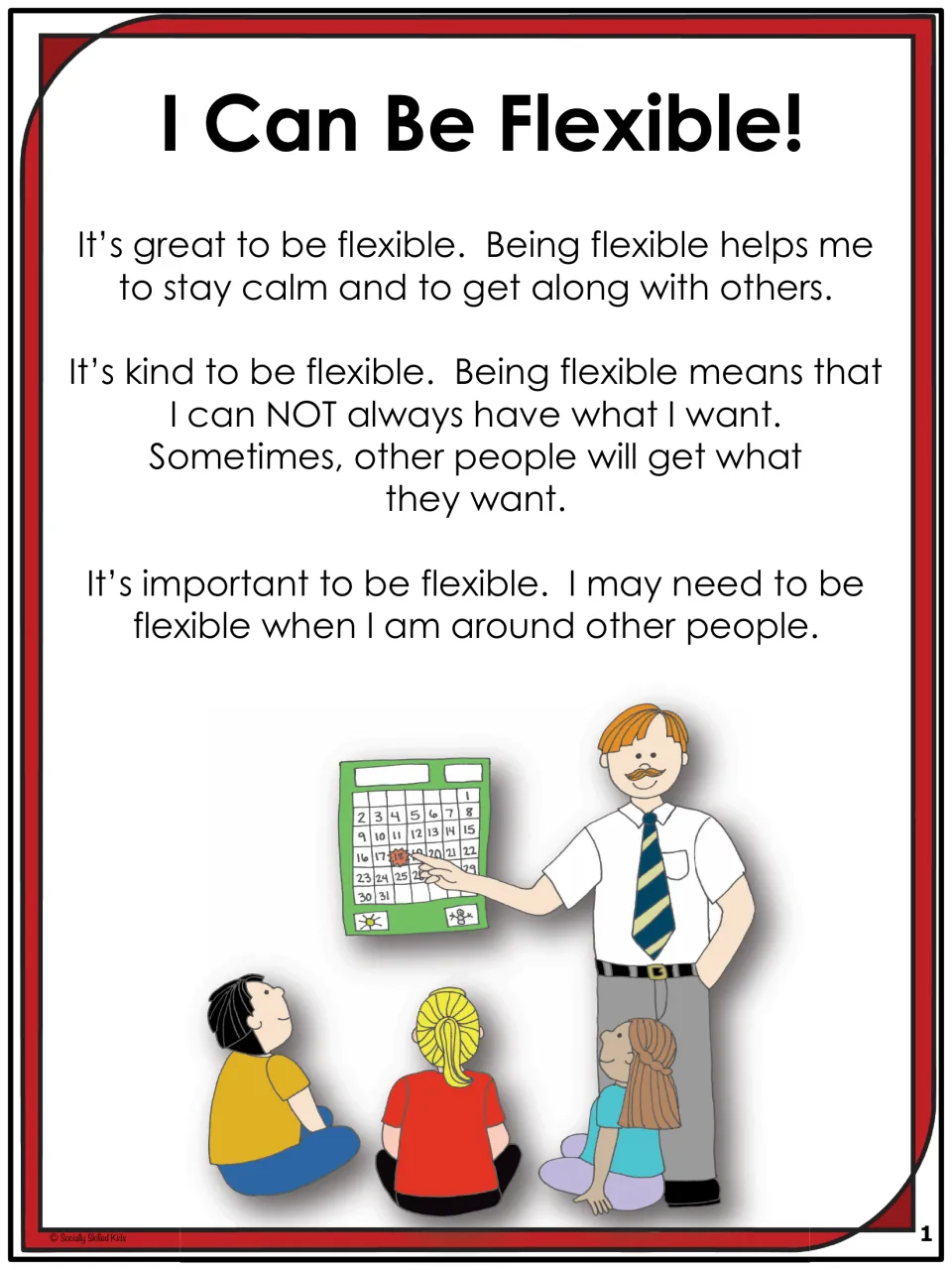 Story page 1 introduces flexibility as staying calm, getting along, and accepting others' preferences