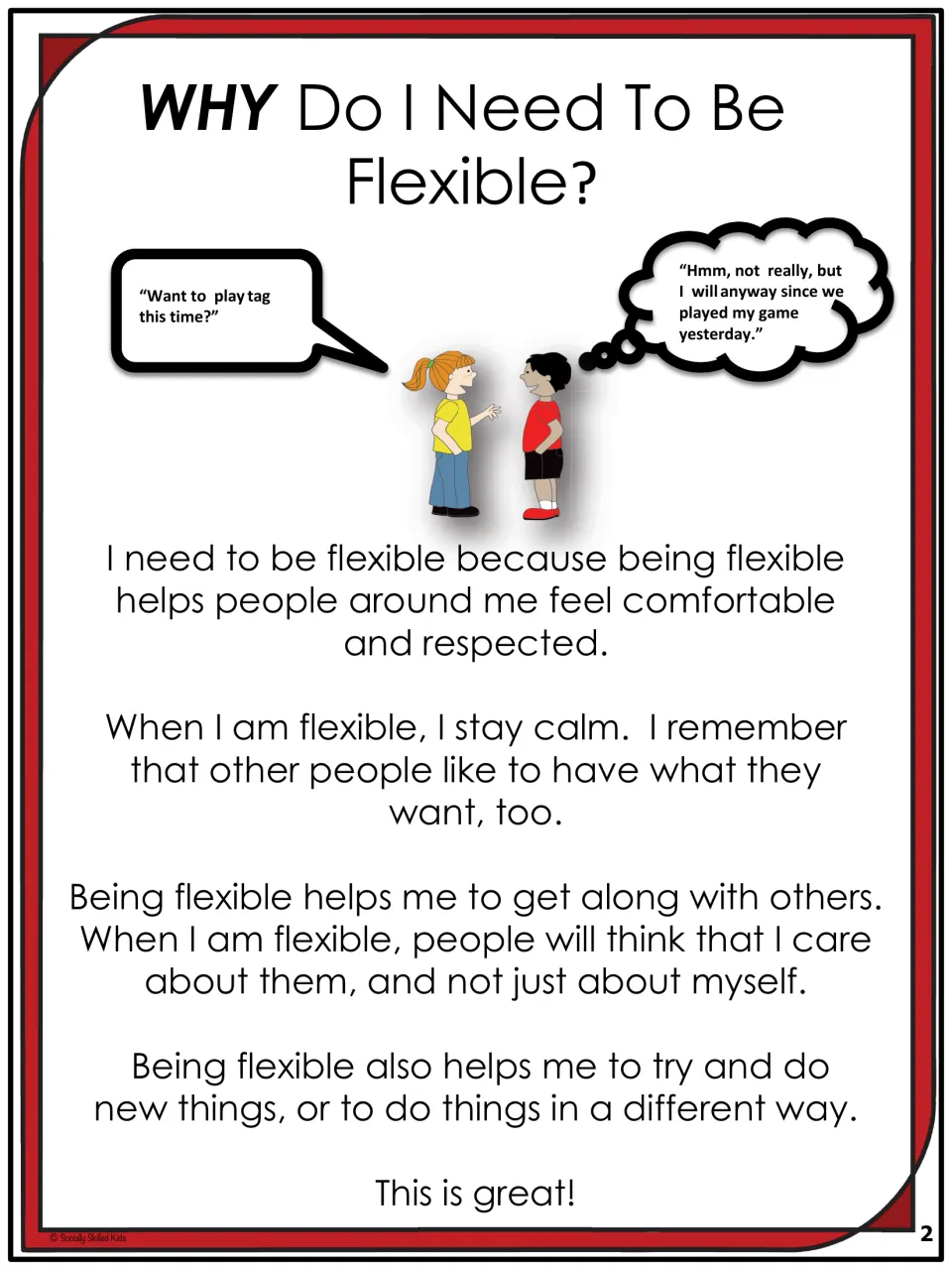 Story page 2 explains why flexibility matters, using a choice between friends' games as an example