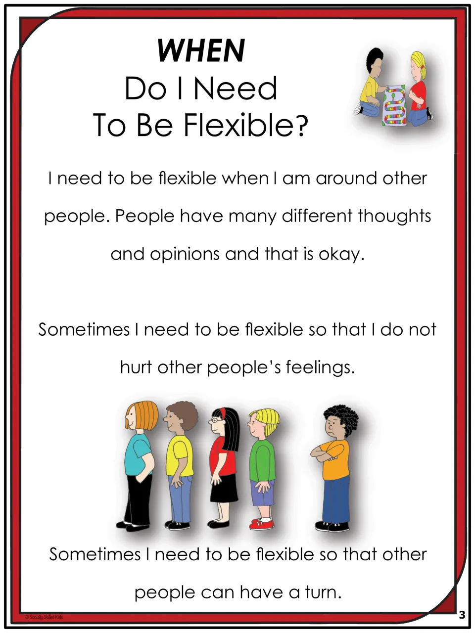 Story page 3 explains when to be flexible: respecting different opinions, feelings, and others' turns