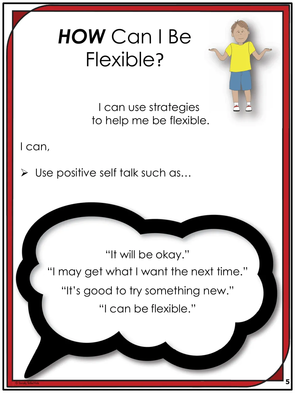 Story page 5 introduces positive self-talk for flexibility, including “It will be okay” and trying new things