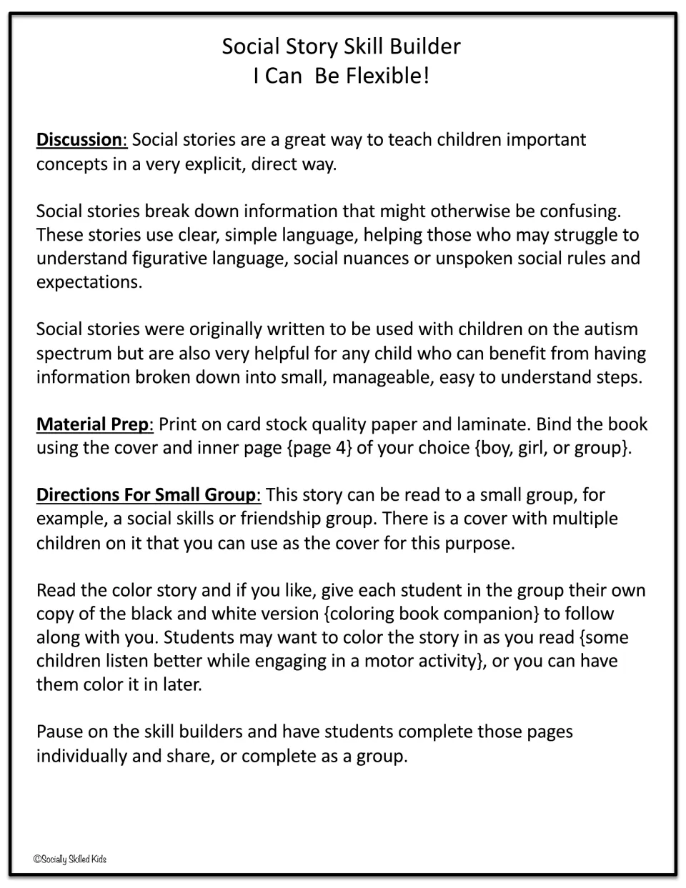 Social Story Skill Builder teacher notes: why social stories help, material prep and directions for small-group reading