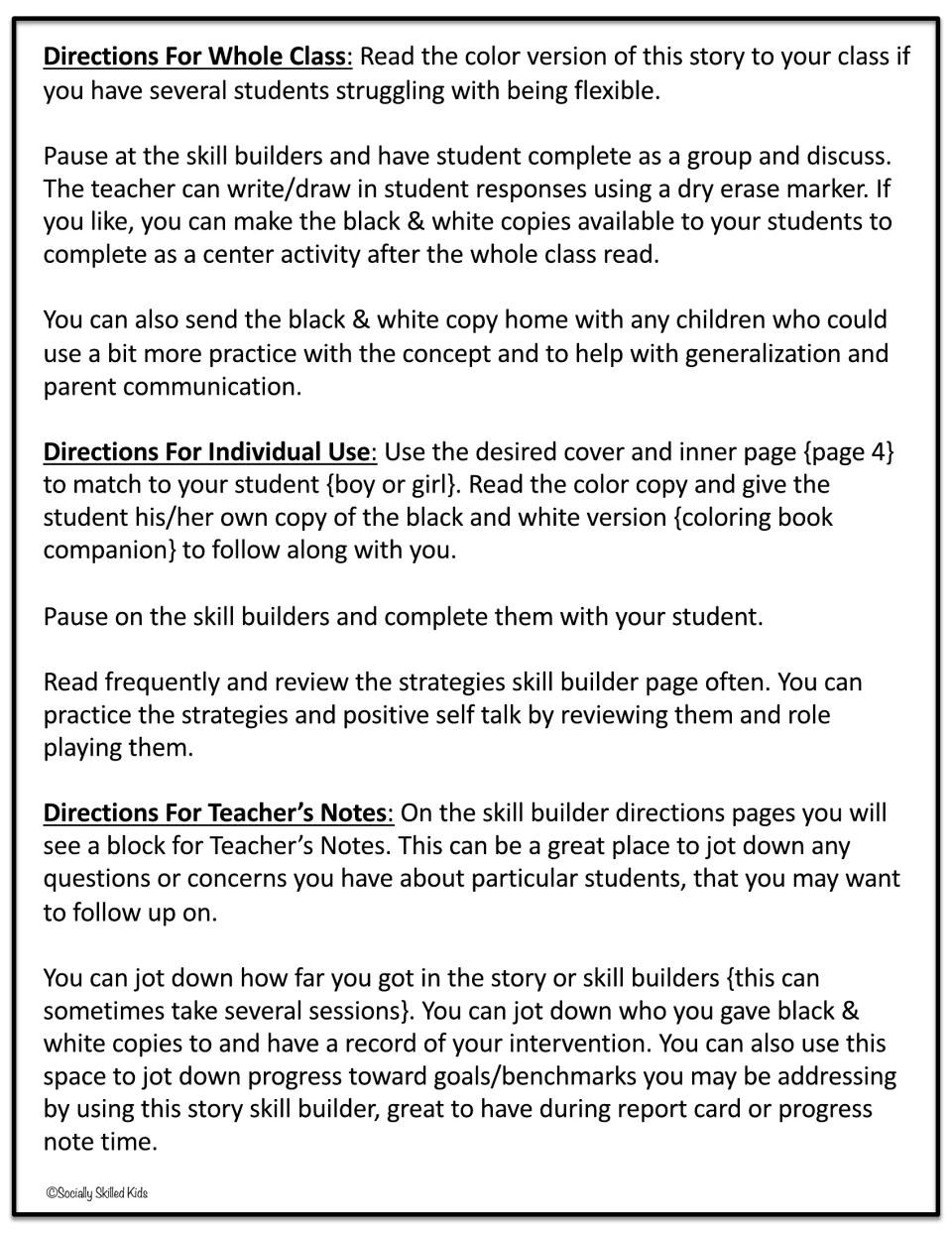 Teacher directions for whole-class and individual use of the flexibility story, plus how to use the Teacher's Notes block