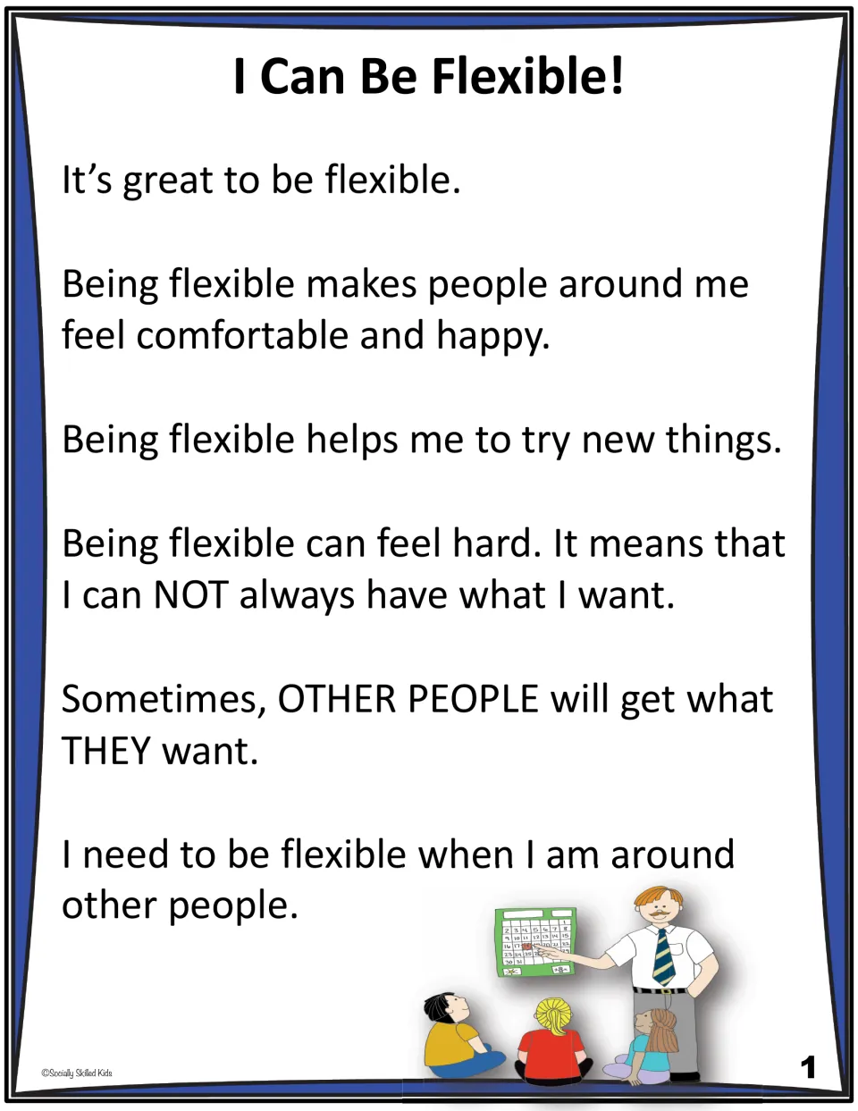 Flexibility social story page 1: being flexible helps me try new things, and sometimes other people get what they want