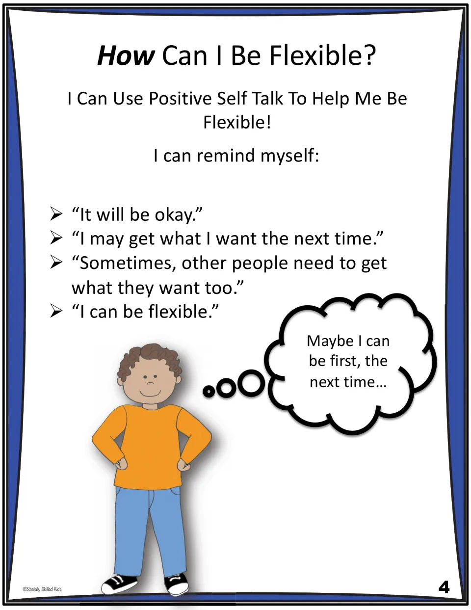 How to be flexible, story page 4: positive self-talk reminders like It will be okay and Maybe I can be first, next time