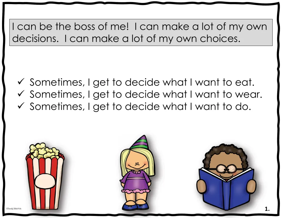 Social skills story page 1 introduces personal choices about what to eat, what to wear, and what to do