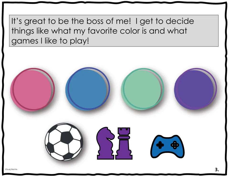 Social skills story page 3 describes deciding on a favorite color and which games one likes to play