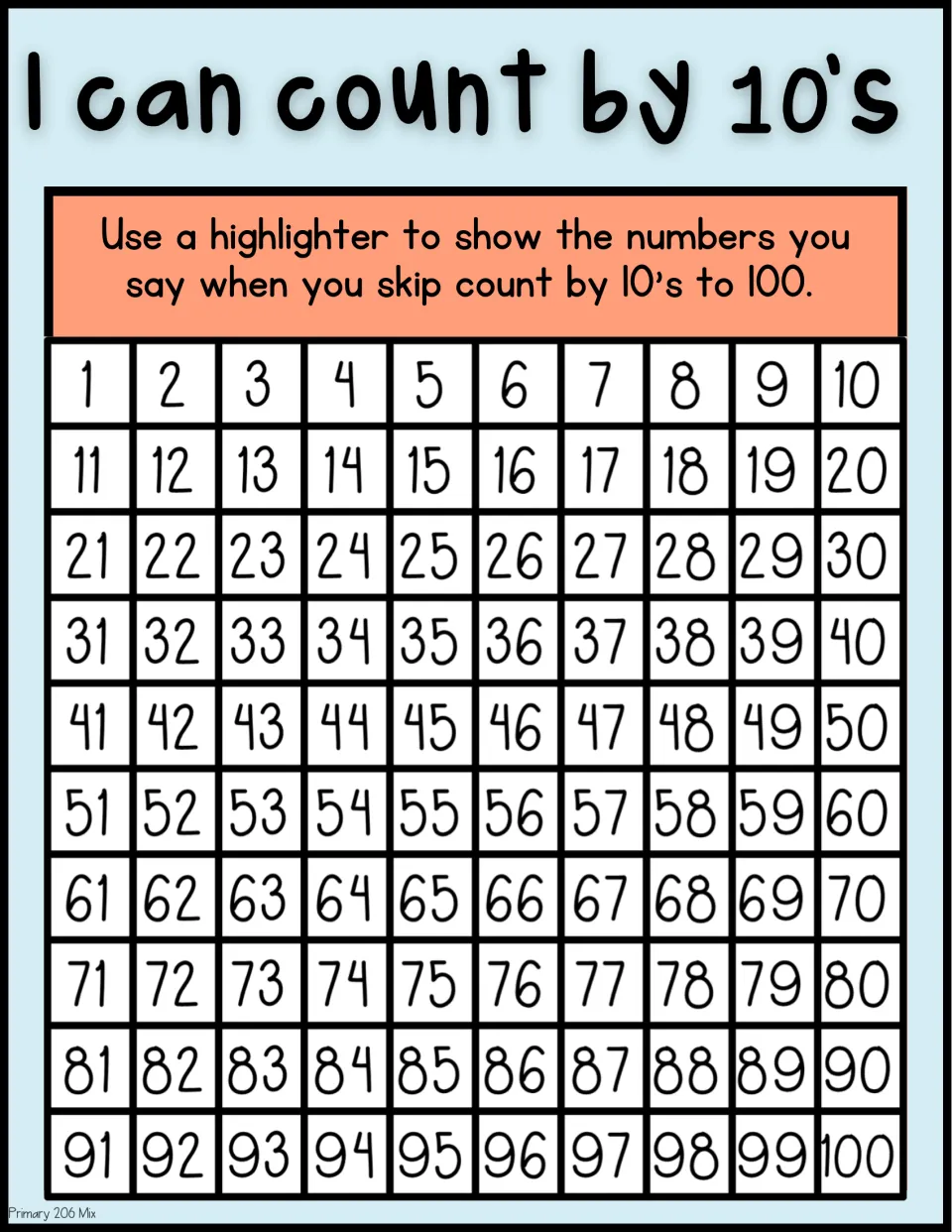 I can count by 10's: students highlight the numbers said when skip counting by tens on a 1 to 100 chart, color version