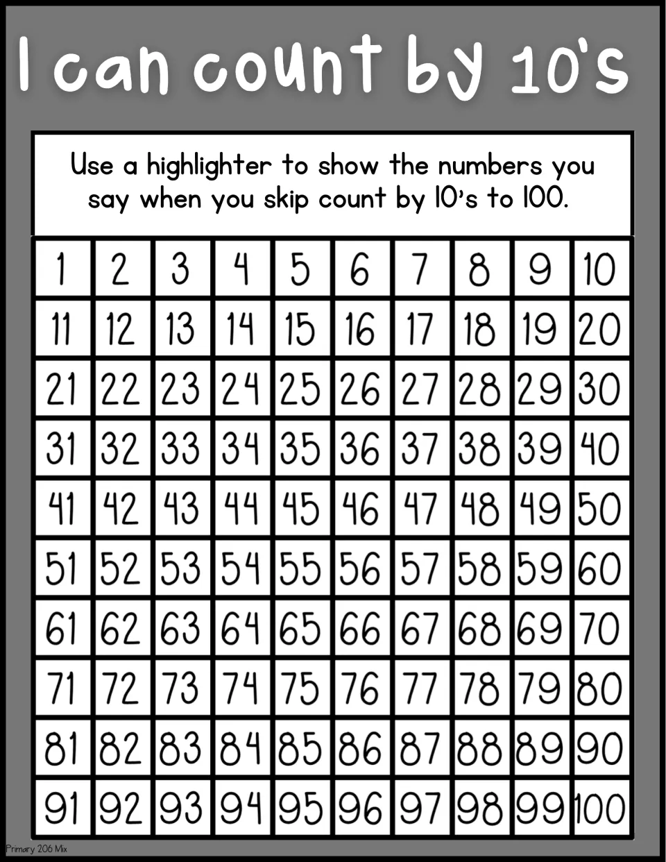 Skip counting by 10s to 100, black-and-white version: students highlight each number they say on the hundreds chart