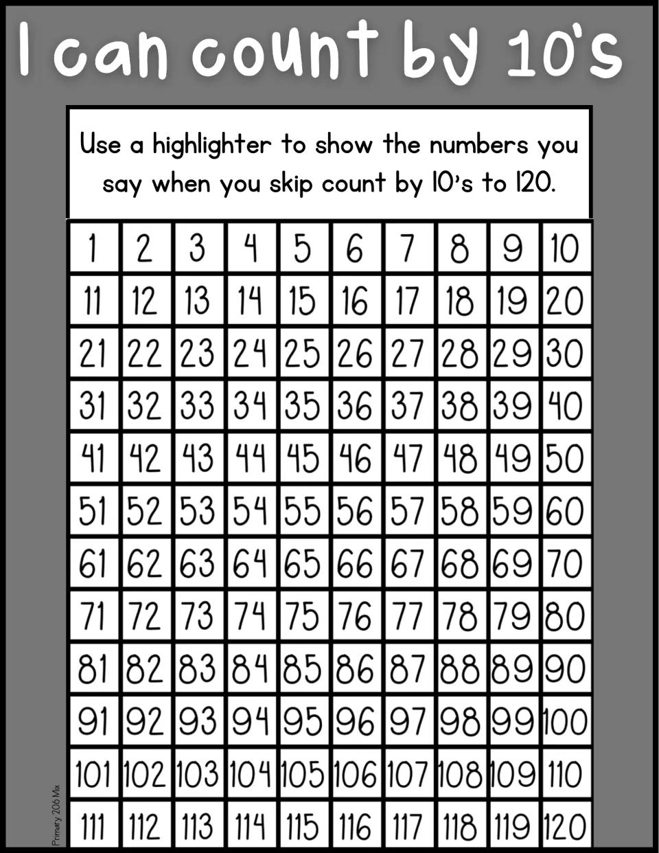 Skip counting by 10s to 120, black-and-white version: students highlight 10 through 120 on a 1 to 120 chart