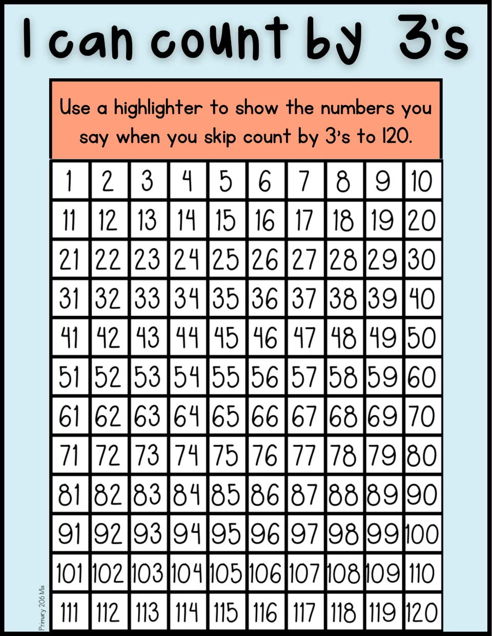 Skip counting by 3s on a 120 chart: students highlight every number they say when counting by 3s all the way to 120