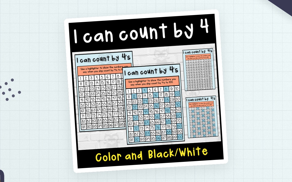 I Can Count by 4 chart set with color and black-and-white versions to 100 and 120.