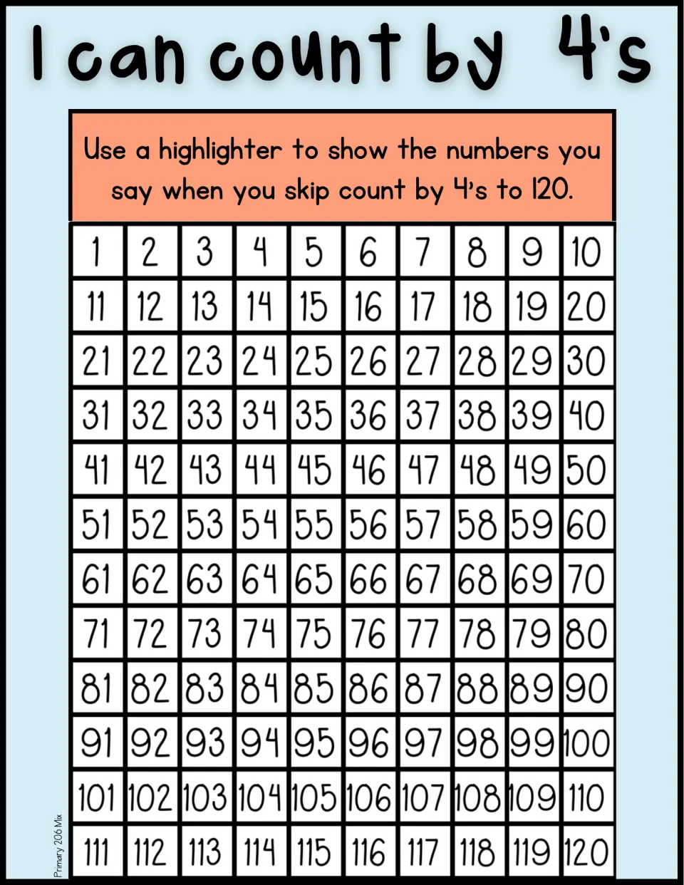 Counting in fours to 120: learners mark every number they say on a 1 to 120 chart with a highlighter, color copy