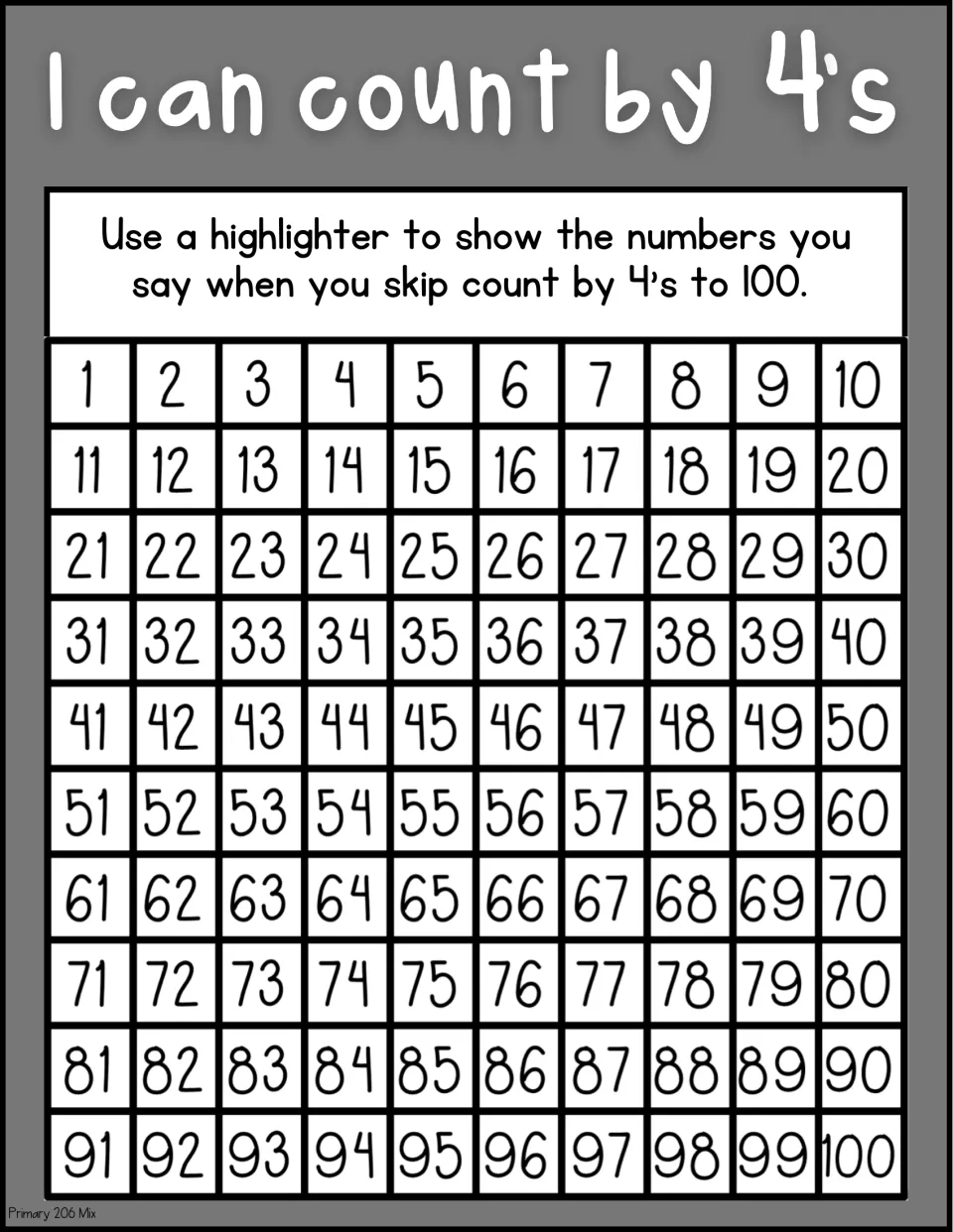 Fours to 100, grayscale version: students highlight each number said when skip counting on a 1 to 100 chart