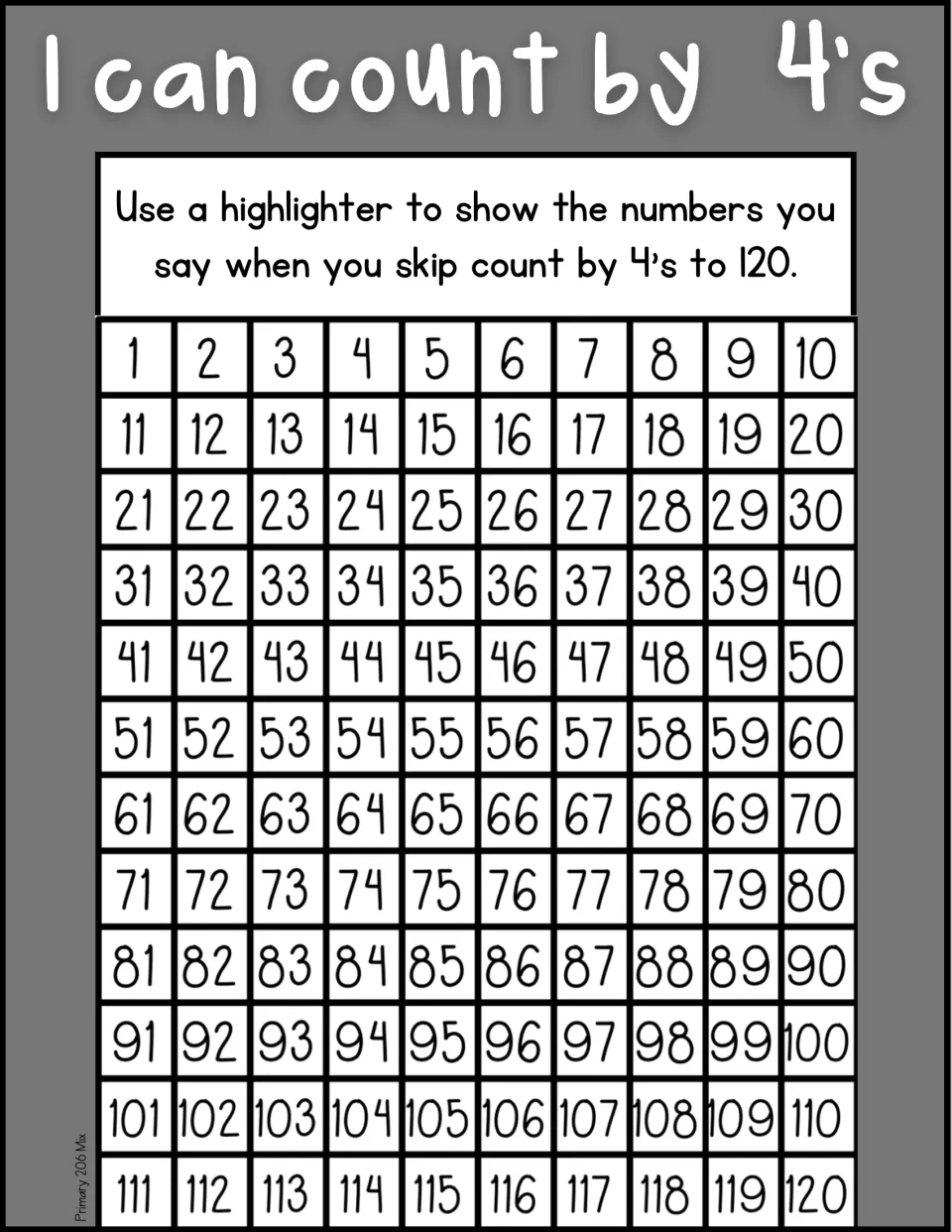 Fours to 120, grayscale version: children highlight every number reached by adding 4 on a 1 to 120 chart