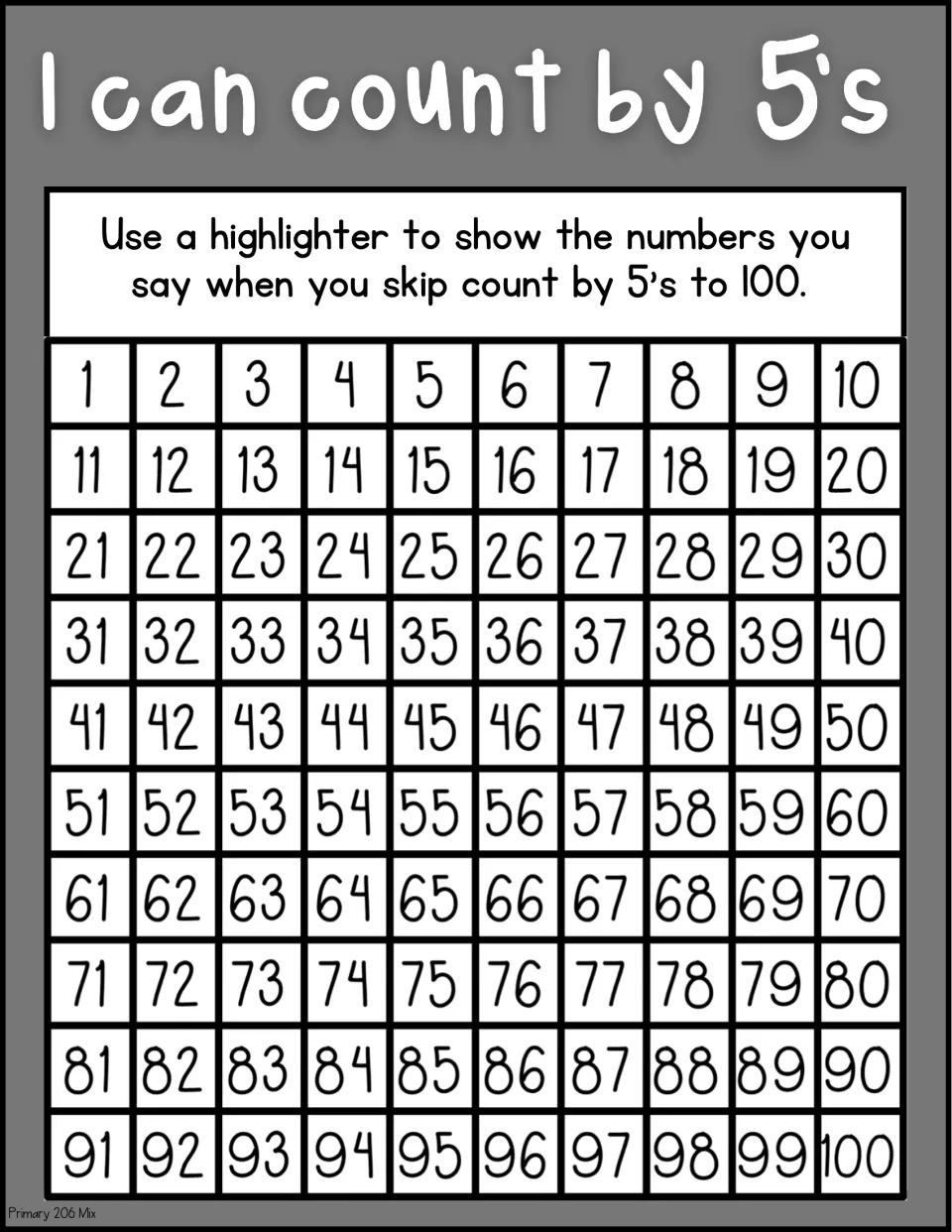 Printer-friendly skip counting by 5s to 100: students highlight the numbers they say on a black-and-white 1 to 100 chart