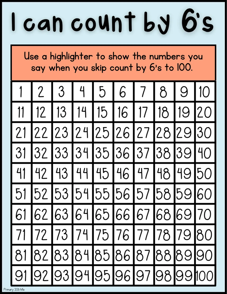 Skip counting by 6s to 100: students use a highlighter to mark each multiple of 6 on a colour hundred chart