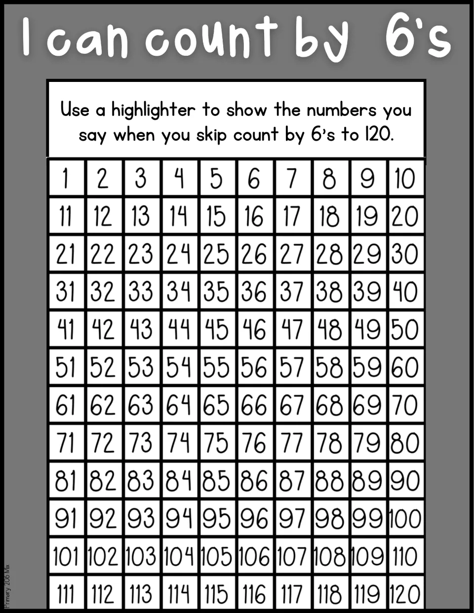 Skip counting by 6s to 120 in black and white: students highlight the multiples of 6 on a 1 to 120 chart