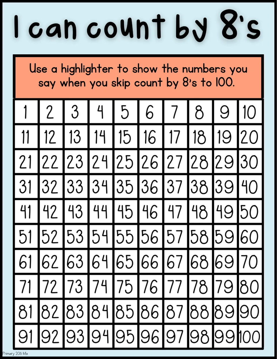 Color skip-counting practice: highlight the numbers said when counting by 8s on the number chart to 100.