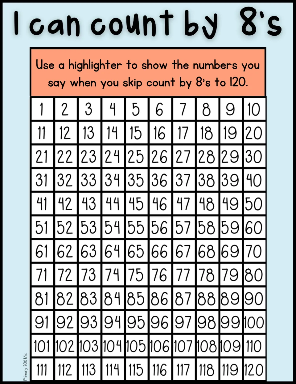 Color skip-counting practice: highlight the numbers said when counting by 8s on the number chart to 120.