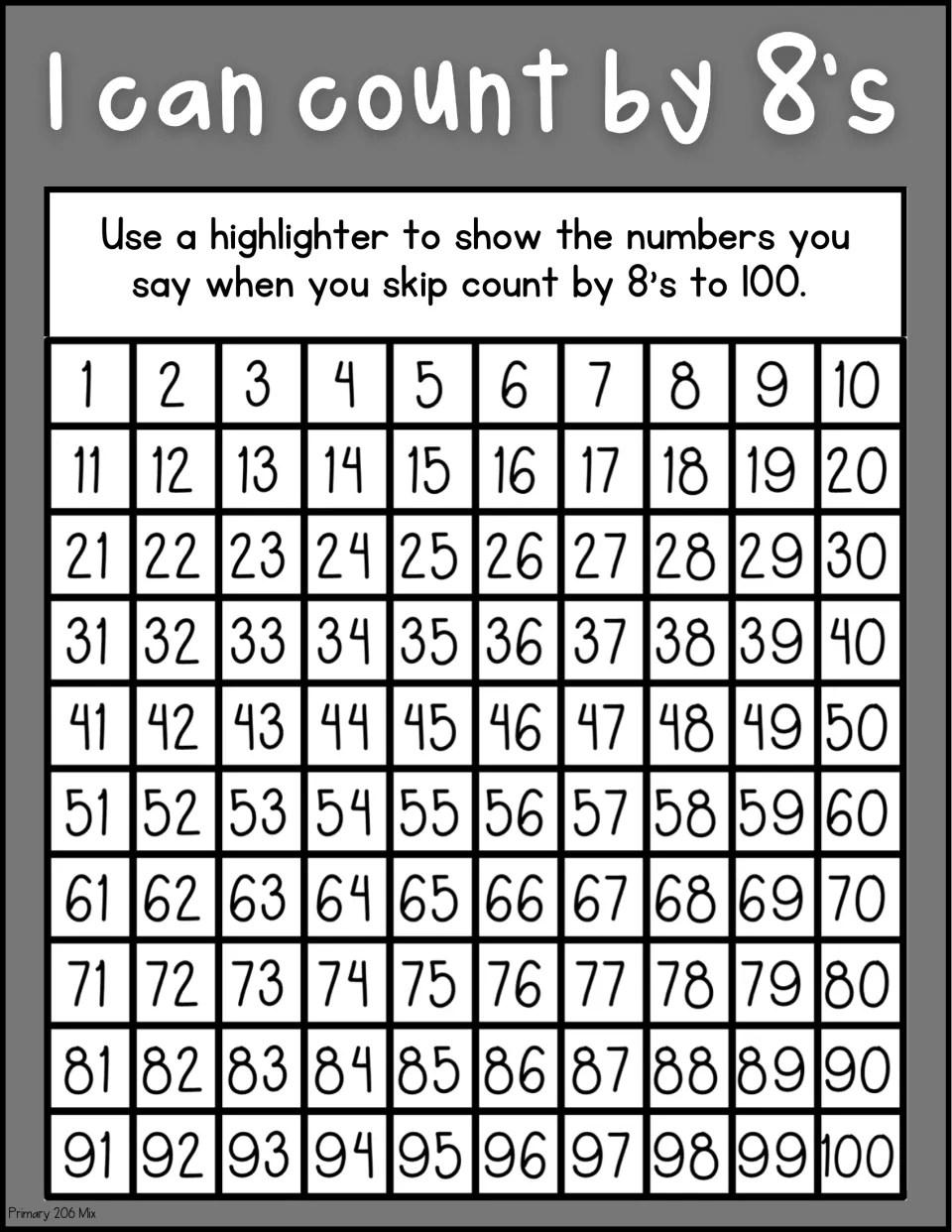 Grayscale skip-counting practice: highlight numbers said when counting by 8s on the number chart to 100.