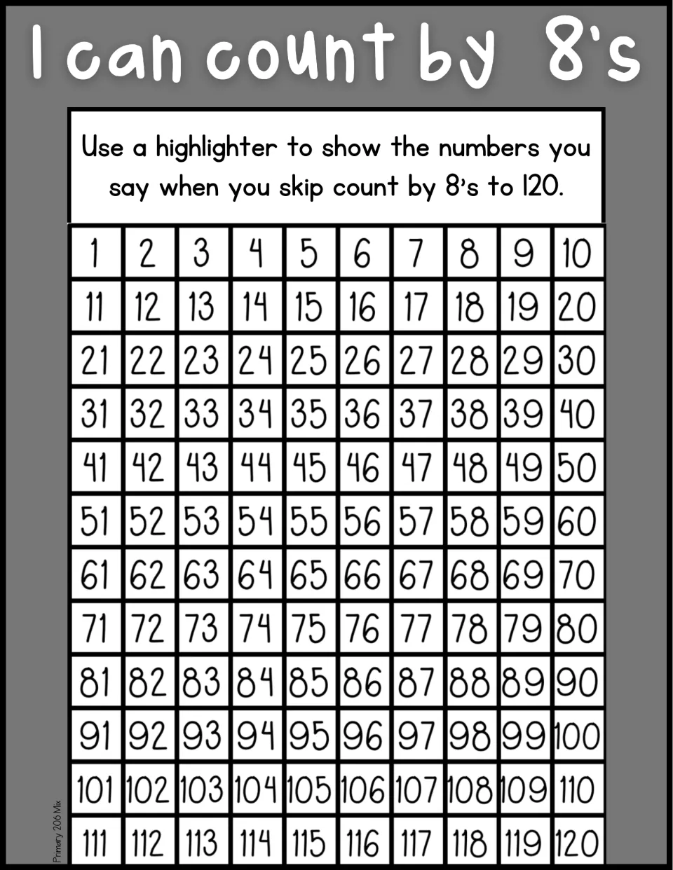 Grayscale skip-counting practice: highlight numbers said when counting by 8s on the number chart to 120.