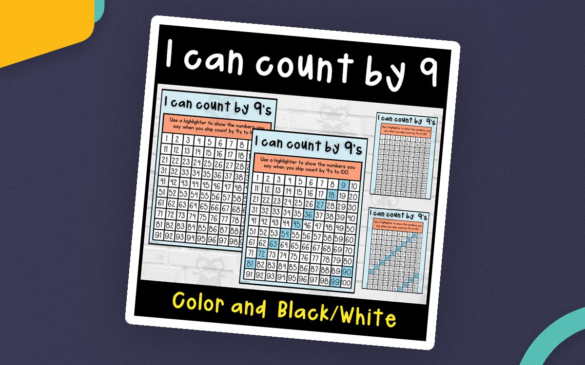 Count by 9s cover with color and black-and-white 100 and 120 charts.